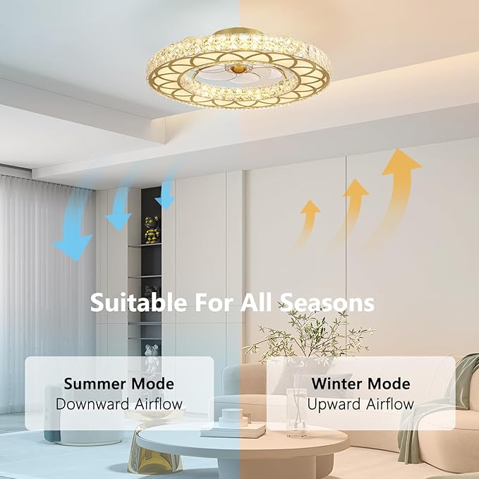 LUDOMIDE Crystal Ceiling Fans with Lights, 24" Modern Ceiling Fan with Remote Flush Mount, 6-Speed Wind, Dimmable LED, Low Profile Ceiling Fan for Bedroom Dining Room Living Room