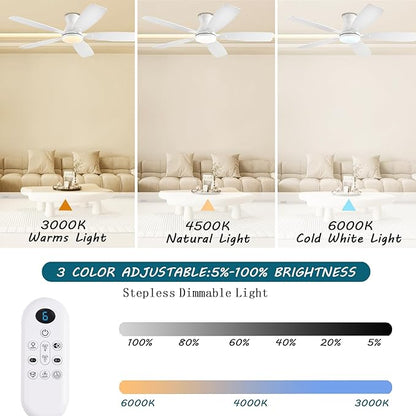JSAITEE Ceiling Fans with Lights, 52 Inch Low Profile Ceiling Fan with Light and Remote Control, Flush Mount, DC Reversible Motor, Noiseless, White 6 Speeds Ceiling Fan for Bedroom