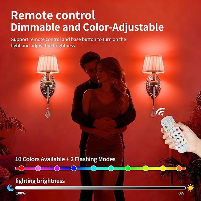 Wireless Battery Operated Antique Brass Wall Sconces Set of 2, 10000mAh Rechargeable Gold Crystal Vintage Fabric Shade Wall Lights with Bulbs & Remotes, RGB Dimmable for Living Room Bedroom Hallway