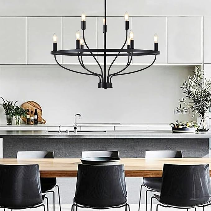 Industrial 30" Black Chandelier Vintage 9-Lights Farmhouse Candle Style Black Chandeliers Light Fixture Retro Modern Black Chandelier for Dining Room, Kitchen Island, Living Room, Bedroom, E12