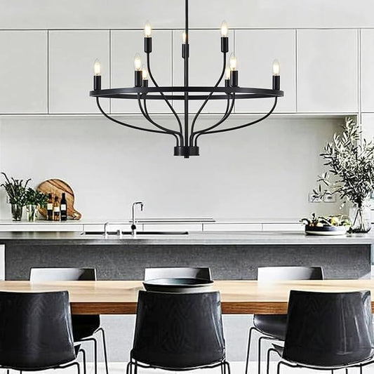 Industrial 30" Black Chandelier Vintage 9-Lights Farmhouse Candle Style Black Chandeliers Light Fixture Retro Modern Black Chandelier for Dining Room, Kitchen Island, Living Room, Bedroom, E12