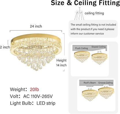 Dia 24" Modern Crystal Chandeliers for Dining Room,Gold Raindrop Chandelier Flush Mount Chandeliers for Living Room Bedrooms Dining Room Dimmable 2700k 4500k 6000k