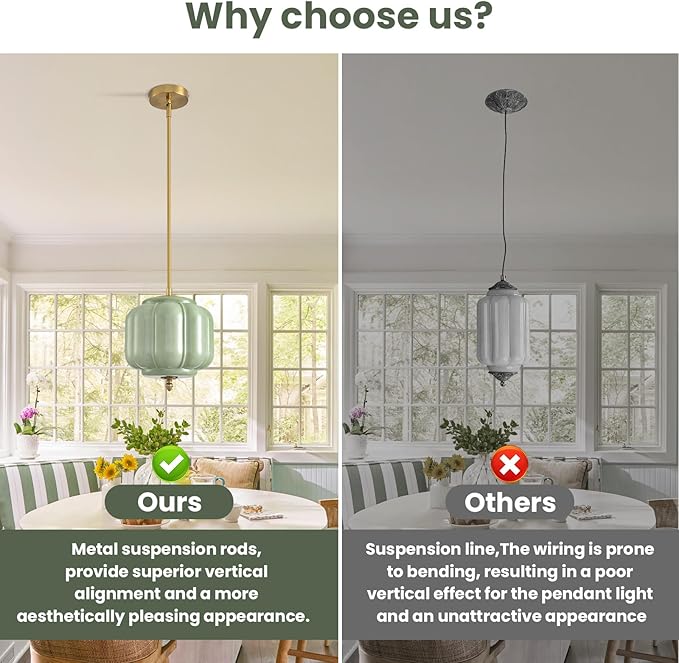 Vintage Green Glass Pendant Lights 9.8 Inch Mid Century Modern Hanging Ceiling Light, Adjustable Height Kitchen Island Hanging Lights for Dining Room, Kitchen, Hallway and Bedroom, E26 Base