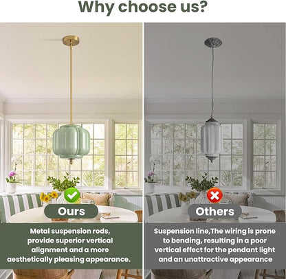 Vintage Green Glass Pendant Lights 9.8 Inch Mid Century Modern Hanging Ceiling Light, Adjustable Height Kitchen Island Hanging Lights for Dining Room, Kitchen, Hallway and Bedroom, E26 Base