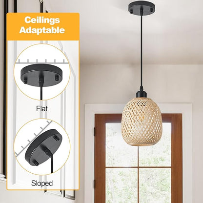 Hanging Light Fixture Set of 2, Mid Century Bohemian Rattan Bamboo Pendant Lighting,Torus Basket Woven Ceiling Chandelier for Kitchen Island Dinning Room Living Room Bedroom Nightstand