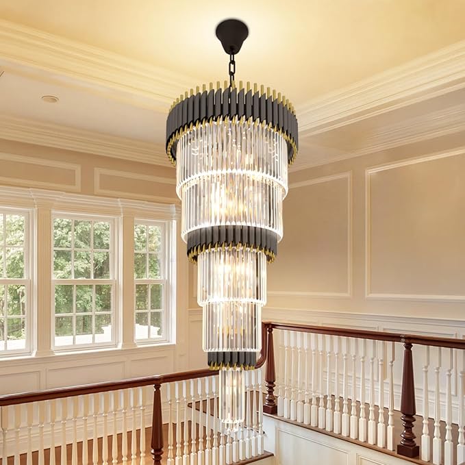 Large Black and Gold Crystal Chandelier, 24" 5-Tier Crystal Chandeliers for High Ceiling, Adjustable Height Pendant Light for Foyer, Villa, Staircase, Entryway