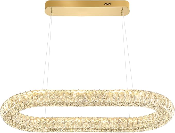 Led Ring Chandelier, Modern Linear Oval Chandelier for Dining Room 31.5in Gold Crystal Ring Pendant Light Dimmable 3000K-6000K