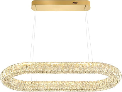 Led Ring Chandelier, Modern Linear Oval Chandelier for Dining Room 31.5in Gold Crystal Ring Pendant Light Dimmable 3000K-6000K
