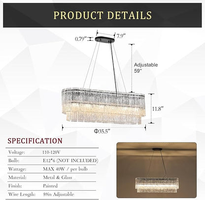 CATINER Black Rectangle Chandeliers for Dining Room Modern Crystal Glass Island Light 6-Light Chandelier Luxury Rectangular Linear Hanging Pendant Light Fixture for Kitchen L35.5”
