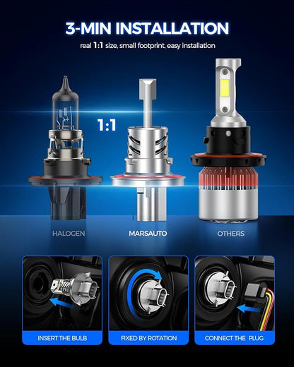 Marsauto H13/9008 Bulb, 1200% Brighter Output 6500K Bright White, Simple Plug & Play, 60000Hr+ Long Lifespan, Pack of 2