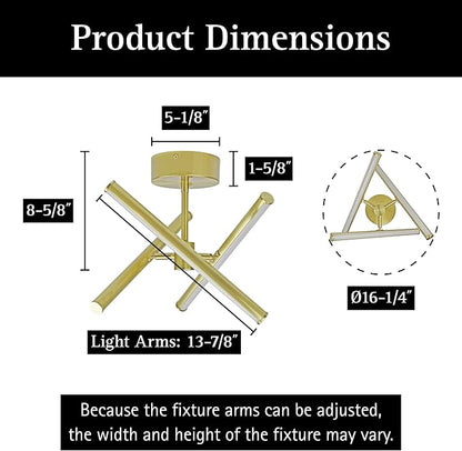 UltraLux Free Form LED Ceiling Light Fixture - Dimmable & Customizable, Semi-Flush Mount Ceiling Light With Adjustable Light Bars - Easy-Install, Energy Efficient LED Light - (16", Brushed Gold)
