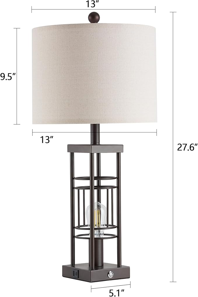 Reaketon Table Lamp for Living Room Set of 2 with USB Charging Ports, 3-Way Dimmable 27.6" Farmhouse End Lamps for Bedroom, Industrial Nightstand Lamps,Bulbs Included(Oil-Rubbed Bronze)