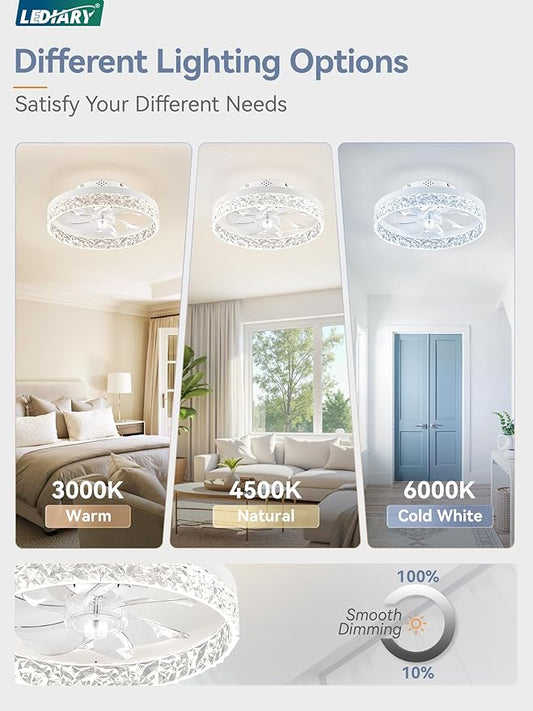LEDIARY 15.7 Inch Low Profile Ceiling Fans with Lights and Remote, Flush Mount Ceiling Fan, 3000K-6000K Fandelier Dimmable Ceiling Fan, Modern Ceiling Fans with Light for Bedroom- White
