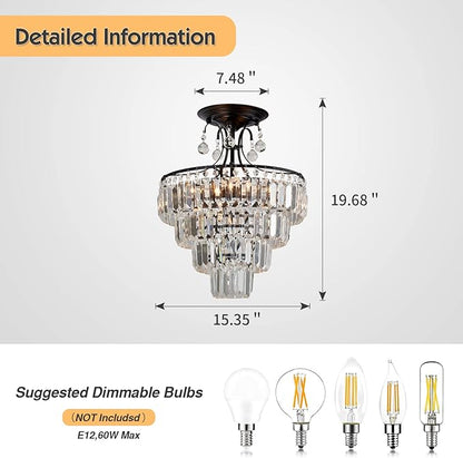 CVKASH 5 -Lights Crystal Round Chandelier Antique Modern Black Semi Flush Mount Ceiling Light Fixture Ceiling Lighting for Living Room Dining Room Bedroom Entryway Foyer Bathroom with E12