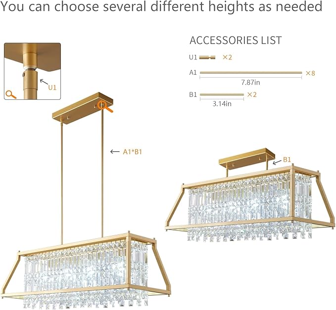 LMQNINE Chandeliers for Dining Room, 4-Light Trapezoidal Industrial Dining Room Light Fixture Farmhouse Chandelier Crystal Pendant Lights Kitchen Island Living Room (Gold 35.43 inch)