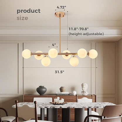 Grey Linear Chandelier, Modern Sputnik Ceiling Fixture with Adjustable Height & Dimmable Glass Shades for Dining Room, Office, Mid-Century Design