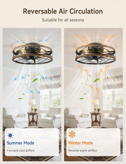 20" Caged Ceiling Fans with Lights and Remote, Flush Mount Low Profile Rustic Small Fandelier, Enclosed Indoor Ceiling Fan for Bedroom Kitchen Farmhouse, 6 Speed, Quiet DC Motor, Timer, Black Gold