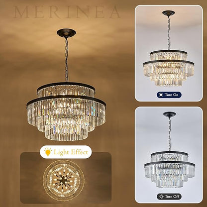 Large Black Crystal Chandeliers 20 Lights 31" Luxury 4-Tier K9 Crystal Lighting Modern Round Ceiling Pendant Light Fixture for Foyer Staircase Living Room Dining Room