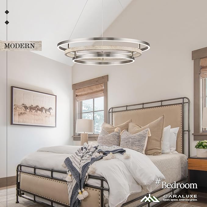 3 Ring LED Chandelier Nickel Round Chandelier Light Fixture 31in Dimmable Modern Entry Chandeliers Weathered Wood Circular Light for Foyer Dining Room Bedroom Office Living Room