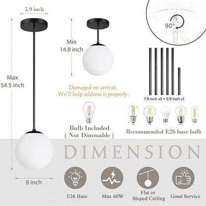 Bagood 8" Globe Pendant Light Black 2 Pack Mid Century Pendant Light Globe Pendant Lights Kitchen Island Matte Black Finished with Milk Glass Adjustable Ceiling Light Fixtures for Dining Room Bar