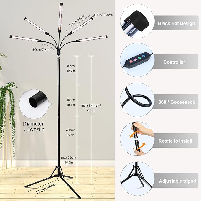 FECiDA 2026 5Head Grow Lights with Upgraded Stand, Standing Grow Lights for Indoor Tall Plants, Bonsai Tree, 4/8/12/16/20 Hr Timer, 45 Watt Power Draw, NO Need Adapter, 24"-72" Height Adjustable
