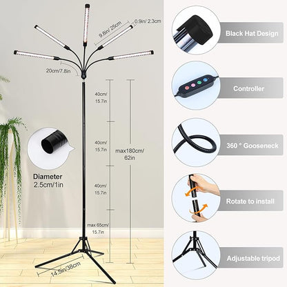 FECiDA 2026 5Head Grow Lights with Upgraded Stand, Standing Grow Lights for Indoor Tall Plants, Bonsai Tree, 4/8/12/16/20 Hr Timer, 45 Watt Power Draw, NO Need Adapter, 24"-72" Height Adjustable