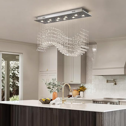 Siljoy Modern Wave Crystal Chandelier for Dining Room 10 Lights Luxury Rectangular Flush Mount Crystal Ceiling Light for Living Room Kitchen Island Length 40 Inch