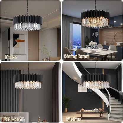 Black Crystal Chandelier 3-Tier Modern Large Crystal Chandelier Semi Flush Mount Chandelier Light Round Ceiling Light Fixture Ceiling Lamp Chandelier for Dining Room Living Room Bedroom