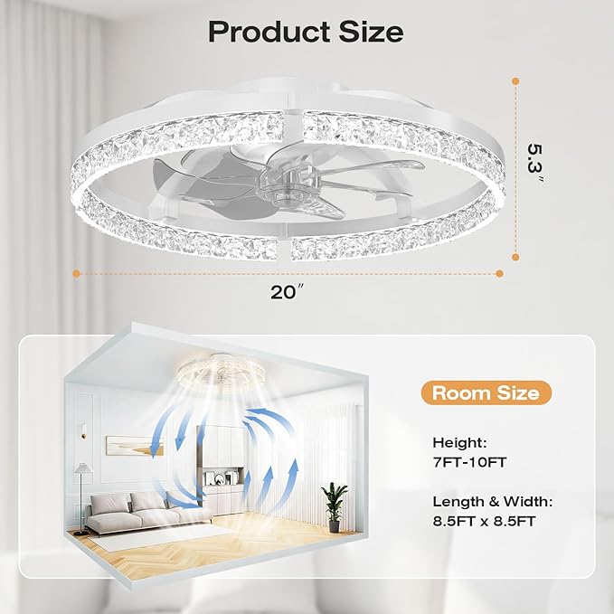 StarryEver 20" Modern Ceiling Fans with Lights, 3000-6500K Dimmable Flush Mount LED Fan Light with Remote and 6 Speeds Fan, Low Profile Ceiling Fans for Bedroom, Living Room, Kids, Kitchen, White