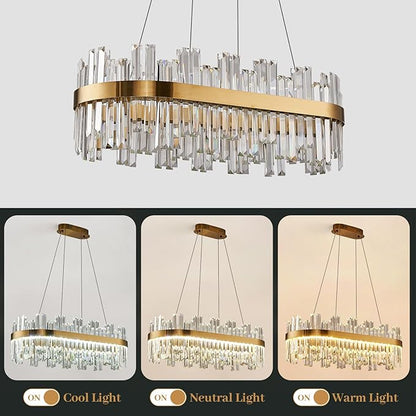 Gold Modern Crystal Led Chandelier: 39.3" Dimmable K9 Crystals Chandeliers over Table - Golden Luxury Glass Rectangle Chandelier - Height Adjustable Chandeliers with Remote for Dining Room Living Room