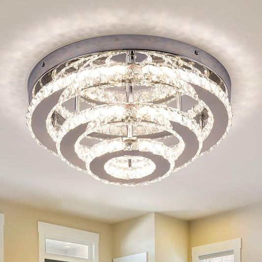 13.8" Flush Mount Chandelier LED Crystal Ceiling Light Fixture 3 Tier Ring Crystal Chandeliers for Bedrooms Dining Room Living Room,3 Colors Adjustable