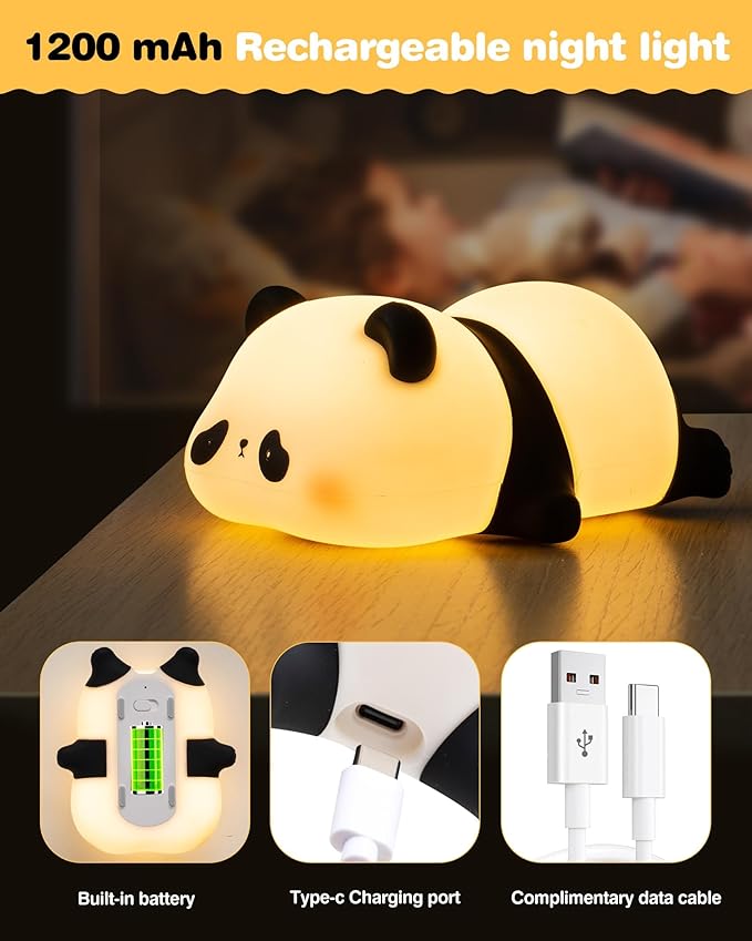 Recolte Cute Panda Night Light with Gift Bow, LED Squishy Silicone Animal Lamp, 3 Level Dimmable Nursery Light for Kids, Baby Desk Decor, Gift Box for Boys Girls, Baby Shower & White Elephant Gifts
