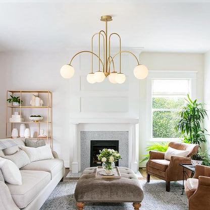 Mid Century Modern Brass Sputnik Chandelier 6-Lights Milk Glass Globe Pendant Light Fixture Nordic Gold and White Chandelier Ceiling Light for Kitchen Island Dining Room