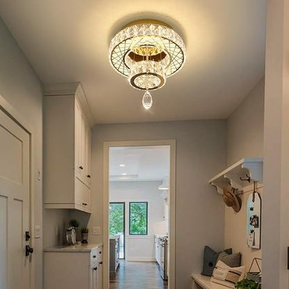 HAIXIANG Modern Glam Ceiling Chandelier Bedroom Light Fixtures Crystal Flat Sloping Ceiling Lights for Hallway Kitchen Dining Room Dimmable Light with Remote Gold