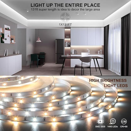 Wefomey White LED Strip Lights, Dimmable Bright 24V Flexible Tape Light with Remote and App Control, UL-Listed Power Supply, 2700K-6500K White Lights for Bedroom (1 Rolls of 131ft)