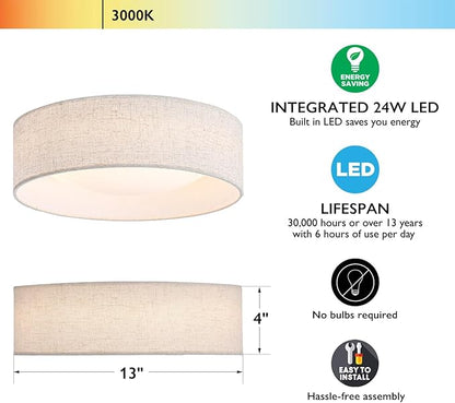 CALOKES 13" Fabric Flush Mount Ceiling Light, 24W 3000K LED Closed to Ceiling Light Fixture with Classic Linen Drum Design for Bedrooms, Kitchen, Dining Room, Hallway