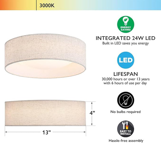 CALOKES 13" Fabric Flush Mount Ceiling Light, 24W 3000K LED Closed to Ceiling Light Fixture with Classic Linen Drum Design for Bedrooms, Kitchen, Dining Room, Hallway