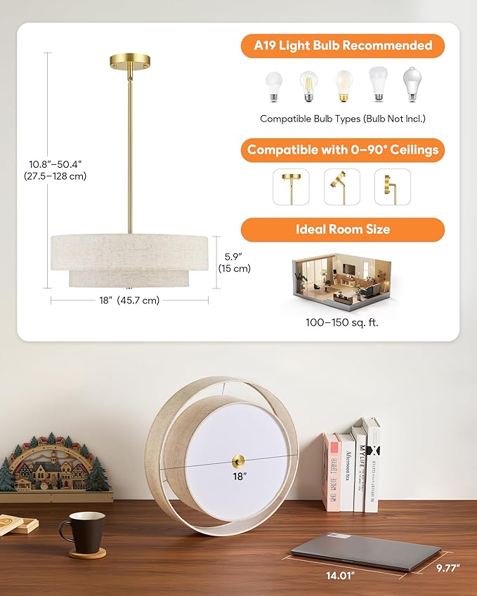 VONLUCE Modern Chandeliers, 18" Drum Chandeliers with 2-Layer Fabric Shade, 4-Light Pendant Light Fixture with E26 Bases, Light Fixture for Dining Room Bedroom Living Room, Linen Shade & Brass Finish