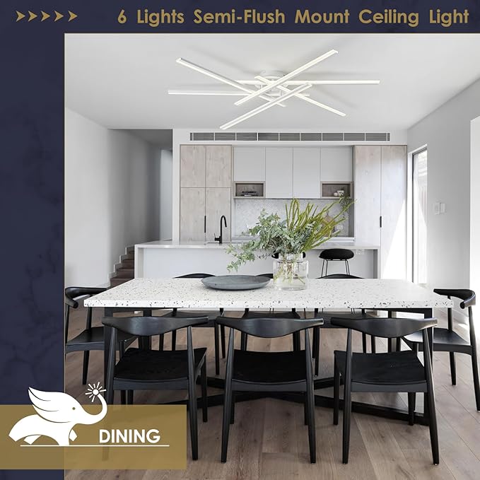Modern LED Chandelier with Remote Control 6-Lights White Semi-Flush Mount Ceiling Lighting Fixture for Living Room, Bedroom, Dining Room 60W