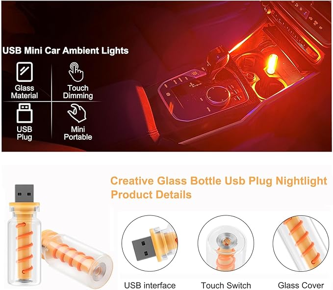 LED USB Touch Control Car Atmosphere Light, Portable Mini Glass Bottle Night Light for Vehicle Bedroom Camping Decoration - Purple