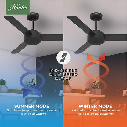 Hunter 44 inch Indoor Ceiling Fan No Light - Black Modern Ceiling Fan without Light, 3 Blades, Standard Mount, For Bedroom, Living Room, or Kitchen, Wall Control - Presto 51847, Matte Black