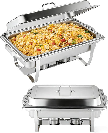 2 Pack Chafing Dishes for Buffet, Stainless Steel Catering Chafer with Lids, Pans & Fuel Holder, 8QT Food Warmers for Parties Buffet, Buffet Servers and Warmers for Parties, Events, Weddings,Silver
