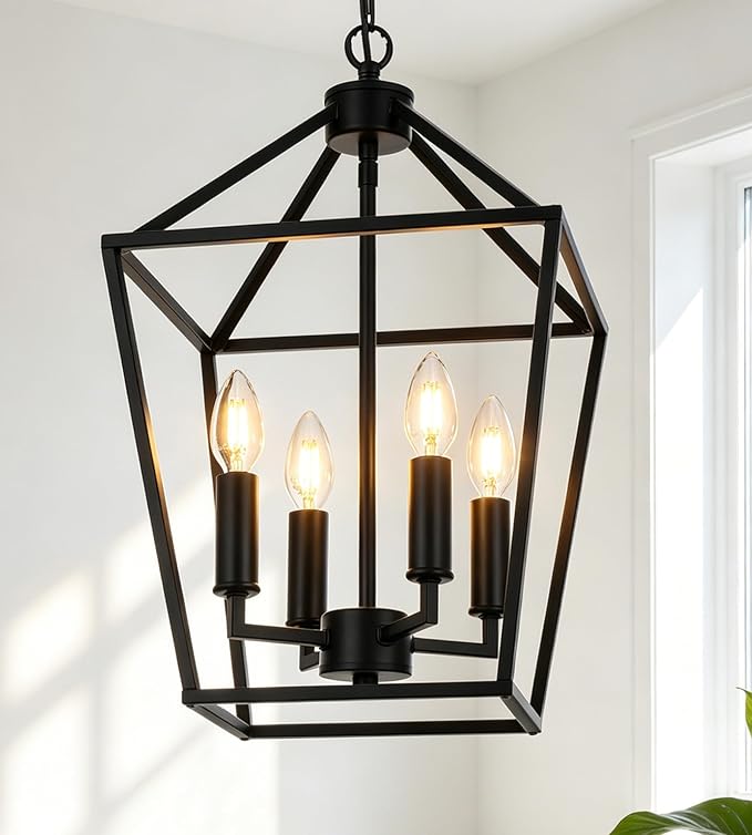 MELUCEE Farmhouse Chandelier 4 Lights Lantern Pendant Light in Black Finish Vintage Openwork Cage Hanging Light Ceiling for Kitchen Island Dining Room Hallway Entryway, E12 Base