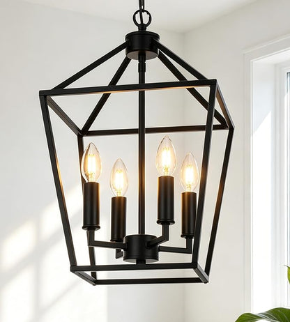 MELUCEE Farmhouse Chandelier 4 Lights Lantern Pendant Light in Black Finish Vintage Openwork Cage Hanging Light Ceiling for Kitchen Island Dining Room Hallway Entryway, E12 Base