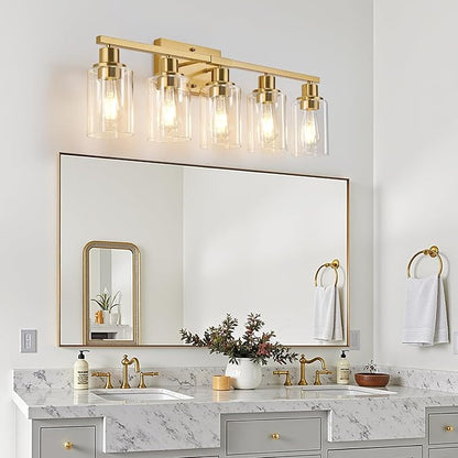 MOKATNG 5-Light Bathroom Light Fixtures, Vanity Light with Clear Glass Shades, Brushed Gold Bathroom Light Fixtures Over Mirror, Modern Bathroom Wall Lamp for Mirror Living Room Cabinet Bedroom