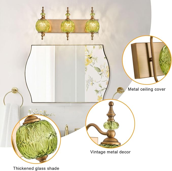 Vintage Green Bathroom Vanity Light Fixtures, Antique 3 Lights Bedhroom Wall Sconce Lighting Brass Finish with Crystal Glass Shade,Victorian Vanity Lighting