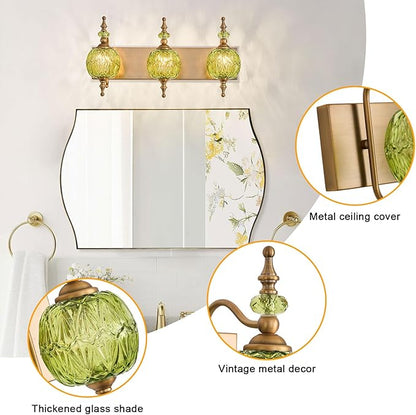 Vintage Green Bathroom Vanity Light Fixtures, Antique 3 Lights Bedhroom Wall Sconce Lighting Brass Finish with Crystal Glass Shade,Victorian Vanity Lighting