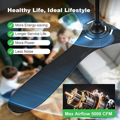 72 Inch Ceiling Fans with Lights and Remote, Wood Outdoor Ceiling Fan with 6 Speed Noiseless DC Motor, Indoor Modern 3 Blade Propeller Ceiling Fan for Bedroom Living Room Gazebo Patio (Black)