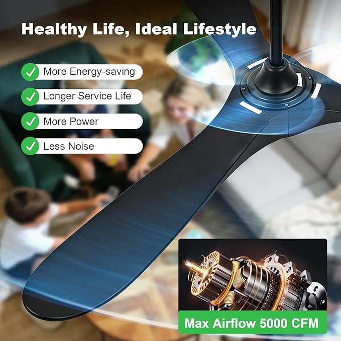 52 Inch Ceiling Fans with Lights and Remote, Wood Outdoor Ceiling Fan with 6 Speed Noiseless DC Motor, Indoor Modern 3 Blade Propeller Ceiling Fan for Bedroom Living Room Gazebo Patio (Black)
