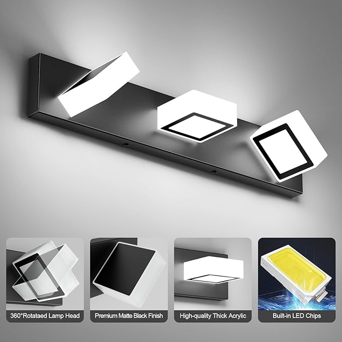 Ralbay Black Bathroom Vanity Lights 24inch Metal Acrylic LED Modern Bathroom Wall Lighting Fixtures Over Mirror Matte Black (White Light 6000K, Non-dimmable)